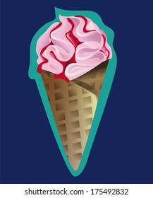 strawberry ice cream with jam in a waffle cup