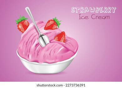 strawberry ice cream jar with fresh strawberries isolated on pink color background.vector illustration design template.