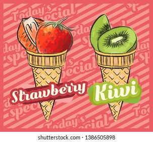 Strawberry ice cream. Kiwi ice cream. Vector illustration of fruit ice cream cone, Hand-drawn design