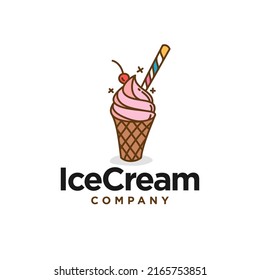 strawberry ice cream logo design. cute pink ice cream with cherry and candy logo cartoon sticker illustration. beverage gelato scoops dessert with colorful straw clip art vector