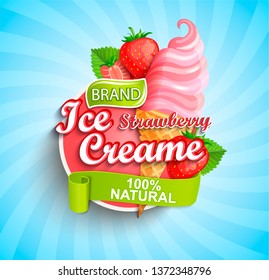 Strawberry Ice cream logo on sunburst background with berries and sundae in cone in cartoon style for your design.Gelato for banner,poster,brand,template and label,packaging,packing, emblem. Vector