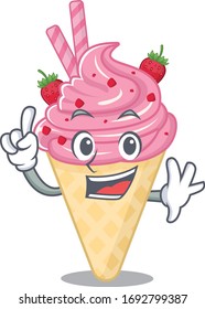 Strawberry ice cream mascot character design with one finger gesture