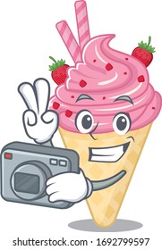 Strawberry ice cream mascot design as a professional photographer working with camera