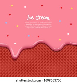 Strawberry ice cream melted on Strawberry Velvet waffle cone background collection