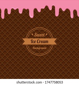 Strawberry ice cream melted on chocolate waffle background. Vector Illustration.