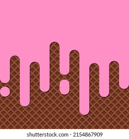 Strawberry ice cream melted on waffle background. Cafe menu, ice cream dessert poster, food packaging design. Vector Illustration