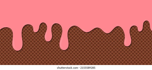 Strawberry ice cream melted on waffle background. Сream melted on waffle background. Sweet ice cream flowing down on cone. Vector Illustration