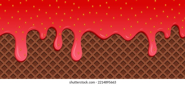 Strawberry ice cream melted on waffle background. Сream melted on waffle background. Sweet ice cream flowing down on cone. Vector Illustration