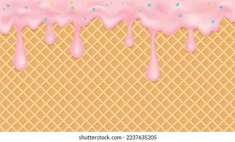 Strawberry ice cream melted on a waffle cone background.