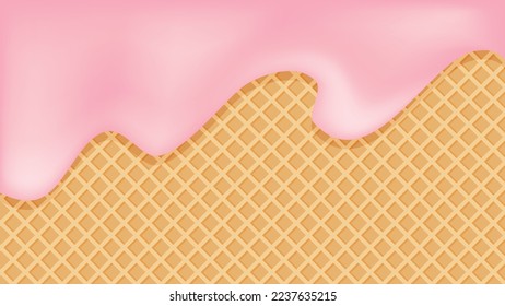 Strawberry ice cream melted on a waffle cone background.