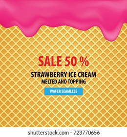 Strawberry ice cream melted on wafer seamless background vector illustration