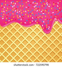 Strawberry ice cream melted and topping on waffle background vector illustration