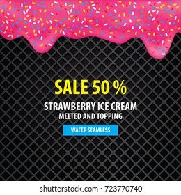 Strawberry ice cream melted and topping on charcoal wafer seamless background vector illustration