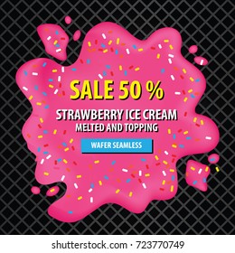 Strawberry ice cream melted and topping on charcoal wafer seamless background vector illustration