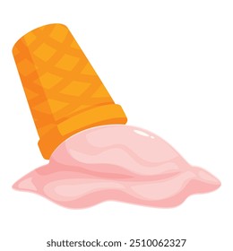 Strawberry ice cream is melting from a waffle cone lying on its side