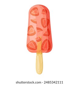 Strawberry ice cream on wooden stick Colorful cold summer dessert, Frozen juice with berry pieces Strawberry popsicle Hand drawn flat style isolated cheerful and summery appearance Vector illustration