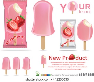 strawberry ice cream with packaging design.Plastic Pack Template for your design and branding. Vector