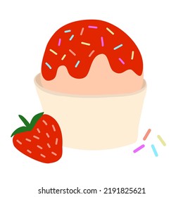 Strawberry ice cream in paper cup with red jam or sauce and colourful sprinkles, flat doodle vector