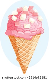 Strawberry Ice cream with Pink and White Marshmallow Toppings - Cartoon Vector Art 