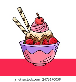 Strawberry ice cream in plastic bowl hand drawn illustration 