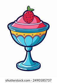 Strawberry ice cream in a plate. Sweet sundae. Fast food restaurant frozen dessert. Cartoon vector illustration.