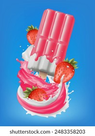 Strawberry ice cream popsicle in the middle on background. Realistic vector in 3D illustration Gradient Wes 