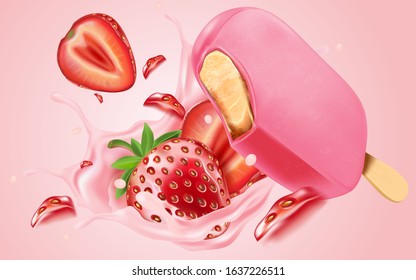 Strawberry ice cream popsicle and milk splashing in the middle on white background, Vector realistic in 3d illustration. 