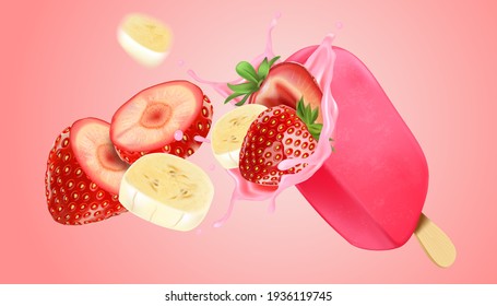 Strawberry ice cream popsicle set isolated element in the middle on white background. Realistic vector in 3D illustration.