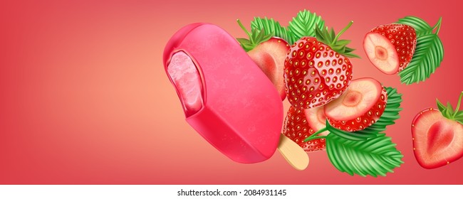 Strawberry ice cream popsicle splashing in the middle on solid color background. Realistic vector in 3D illustration.