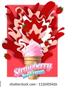 Strawberry ice cream poster design template. Vector paper cut ice cream cone with fruit juice splashes and fresh strawberries.