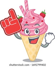 Strawberry ice cream presented in cartoon character design with Foam finger