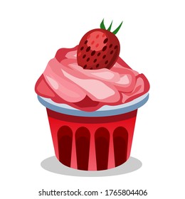 Strawberry ice cream in a red cup There are strawberries on top, vector illustration isolated on a white background.