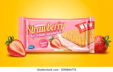 Strawberry Ice Cream Sandwich Package Design Illustration On Chrome Yellow Background