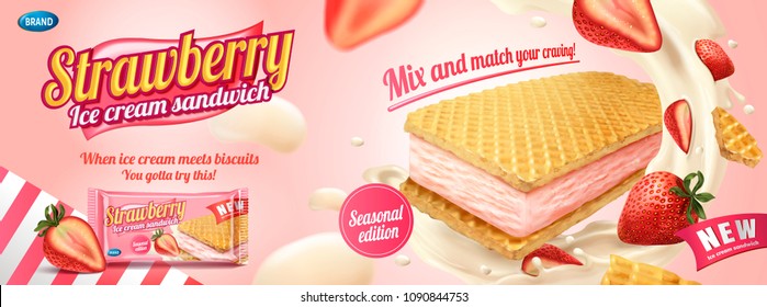 Strawberry ice cream sandwich with wafer cookies and splashing cream illustration, foil bag on light pink background