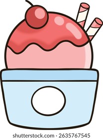 Strawberry Ice Cream with Strawberry Sauce and Cherry, Strawberry Wafer Roll in Ice Cream Cup