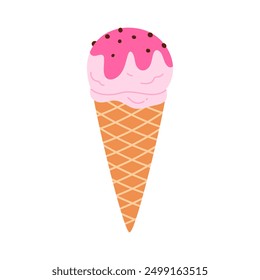 Strawberry ice cream scoop in waffle cone with chocolate chips and red sauce vector illustration