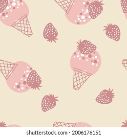 Patrón sin costuras de helados de fresa. Diseño para camisetas, textiles e impresiones. Ilustración vectorial dibujada a mano para la decoración y el diseño.

