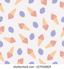 Patrón sin costuras de helados de fresa. Textura gastronómica elegante. Diseño de patrón de helado de verano para tela, papel pintado o papel envolvente.Ilustración vectorial