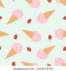 Strawberry ice cream seamless pattern. Ice cream in a cone and strawberries on a light green background.