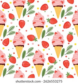 Strawberry ice cream seamless pattern. Yummy dessert in waffle cones, fresh fruits, leaves and dots. Red, pink, green, yellow and brown colors on white background. Vector design for textile