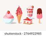 Strawberry ice cream set with various desserts including scoops, cone, sundae, cheesecake, and popsicle.