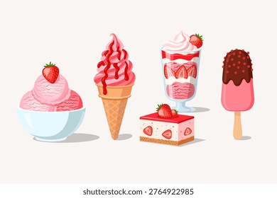 Strawberry ice cream set with various desserts including scoops, cone, sundae, cheesecake, and popsicle.