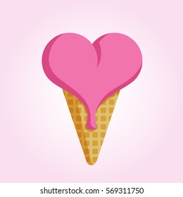 Strawberry ice cream in the shape of heart, romantic and love date conception vector symbol 