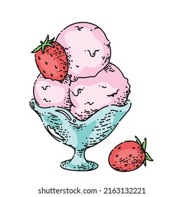 strawberry ice cream sketch hand drawn vector scoop food, pink summer frozen ball, sweet dessert vintage color line illustration