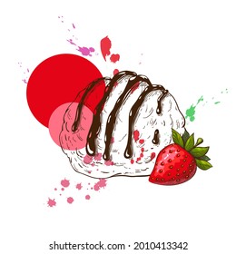 strawberry ice cream sketch isolated on white. one icecream scoop hand drawn. ice cream ball with strawberry and watercolor splashes. great for label or logo design concept. sundae with sauce, berries