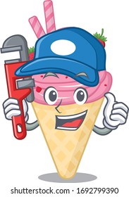 Strawberry ice cream Smart Plumber cartoon character design with tool