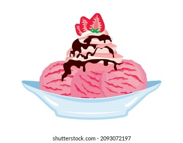 Strawberry ice cream sundae with chocolate icing vector. Pink ice cream cup with whipped cream icon isolated on a white background