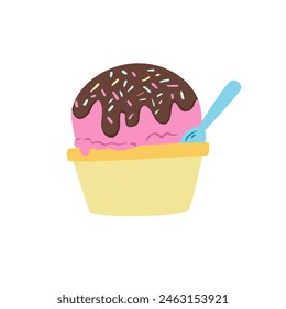 Strawberry ice cream in a sundae dish with chocolate. Vector illustration.