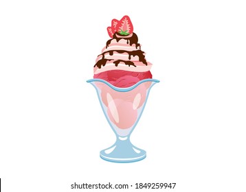 Strawberry ice cream sundae icon vector. Ice cream sundae with whipped cream, chocolate icing and strawberries vector. Sundae icon isolated on a white background. Ice cream in a glass  cup vector