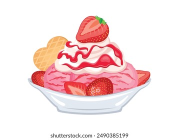 Helado de fresa Sundae con Ilustración vectorial de crema batida. Icono de helado sundae en un fondo blanco. Dibujo de helado de helado de helado. Sundae de fresa con glaseado rosa y oblea